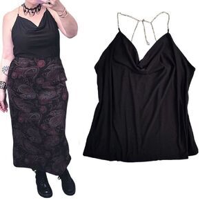 LAVISH Black Draped‎ Cowl Neck Gold Pearl Chain Halter Tank Blouse Large NWOT